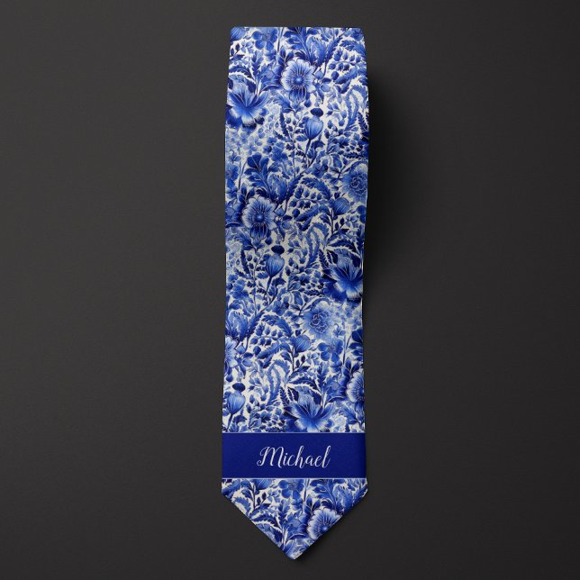 Indigo-Blumen-Monogramm Krawatte (Von Creator hochgeladen)