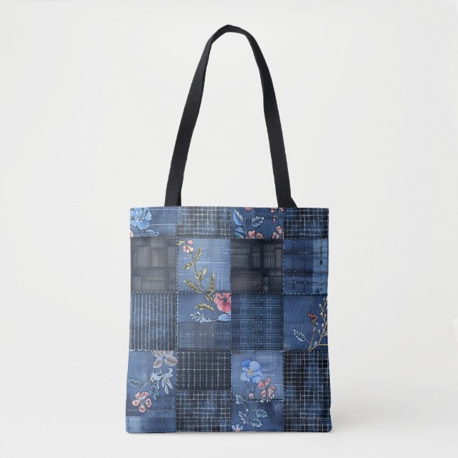 Indigo-Blumen-Patchwork-Muster | Boho-Denim (Vorderseite)