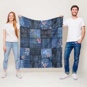 Indigo-Blumen-Patchwork-Muster Boho-Denim Fleecedecke