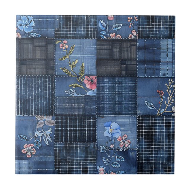 Indigo-Blumen-Patchwork-Muster | Boho-Denim Fliese (Vorderseite)