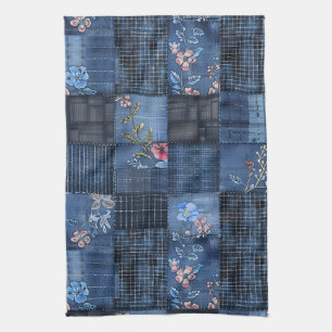 Indigo-Blumen-Patchwork-Muster Boho-Denim Geschirrtuch
