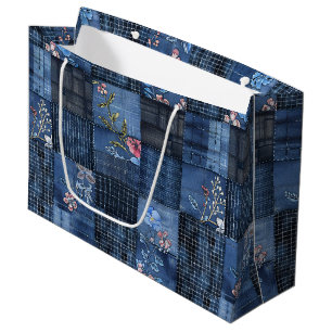 Indigo-Blumen-Patchwork-Muster Boho-Denim Große Geschenktüte