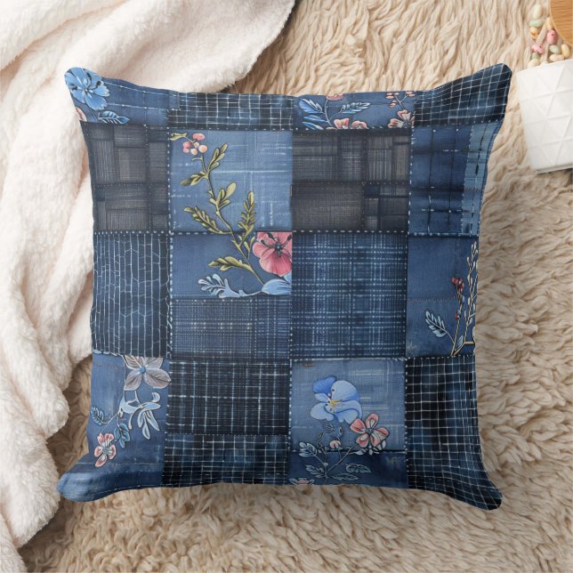 Indigo-Blumen-Patchwork-Muster | Boho-Denim Kissen (Decke)