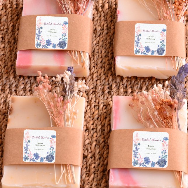 Indigo Blush Florals Brautparty individualisieren Quadratischer Aufkleber (Von Creator hochgeladen)