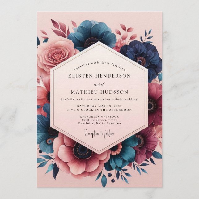 Indigo Blush Painterly Bloom Wedding Einladung (Vorderseite)