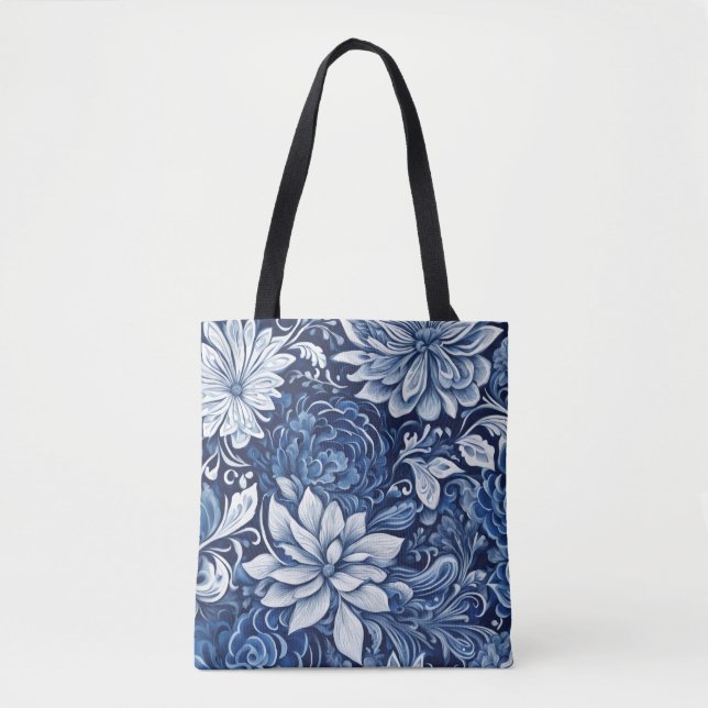 Indigo-Blüten-Tapeten-Tasche (Vorderseite)