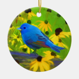 Indigo Bunting Painting - Original Bird Art Keramik Ornament