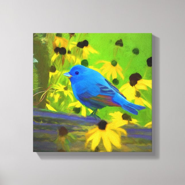 Indigo Bunting Painting - Original Bird Art Leinwanddruck (Vorderseite)