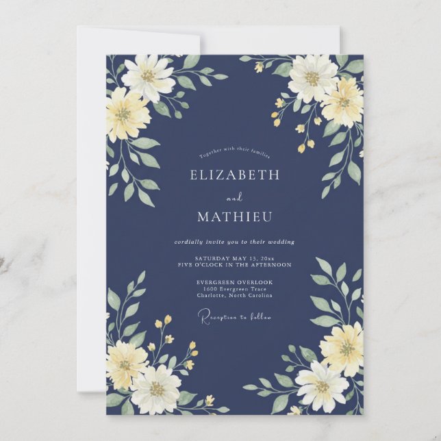 Indigo Creme Blütenhochzeit Einladung (Vorderseite)