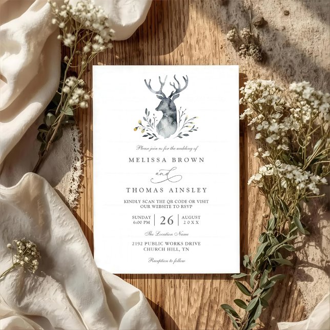 Indigo Deer Boho Rustikale Elegante QR-Code-Hochze Einladung (Von Creator hochgeladen)