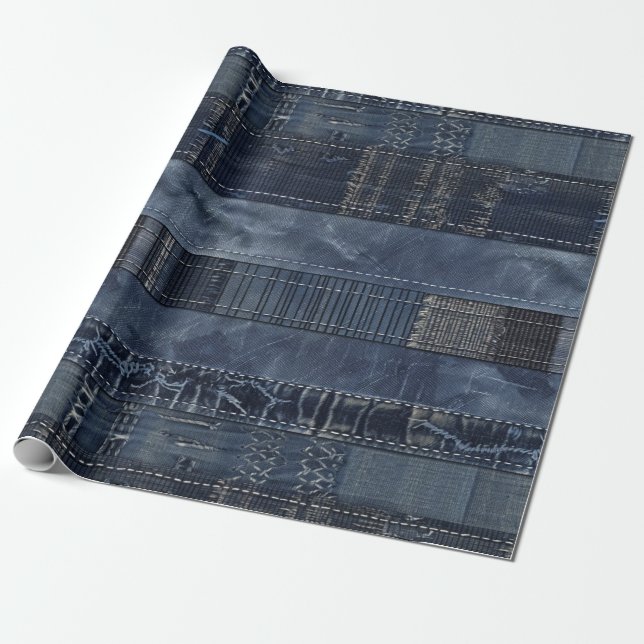 Indigo Denim Patchwork Nahtloses Muster (2) Geschenkpapier (Ungerollt)
