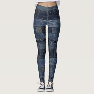 Indigo Denim Patchwork Nahtloses Muster (2) Leggings
