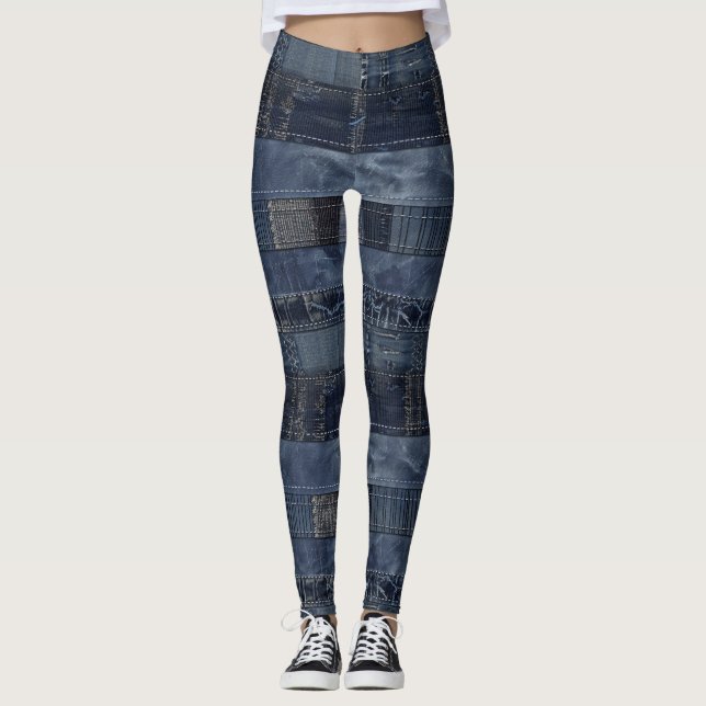 Indigo Denim Patchwork Nahtloses Muster (2) Leggings (Vorderseite)