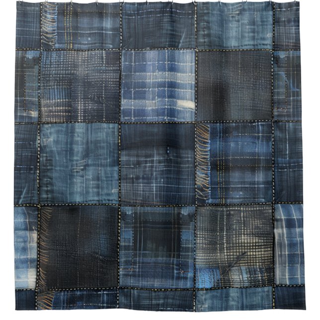 Indigo Denim Patchwork Nahtloses Muster Duschvorhang (Vorderseite)