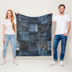 Indigo Denim Patchwork Nahtloses Muster Fleecedecke