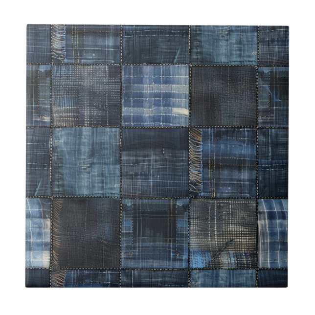 Indigo-Denim-Patchwork-Nahtloses Muster Fliese (Vorderseite)