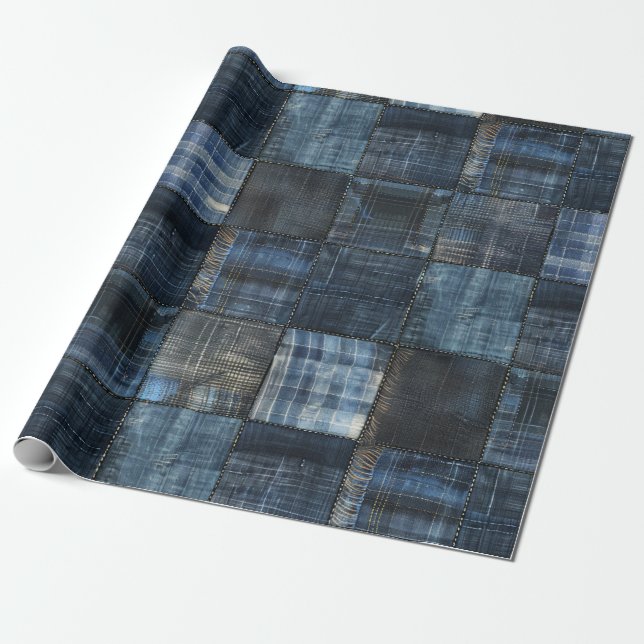 Indigo Denim Patchwork Nahtloses Muster Geschenkpapier (Ungerollt)