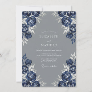 Indigo-Dramatische Blumige Hochzeit Einladung