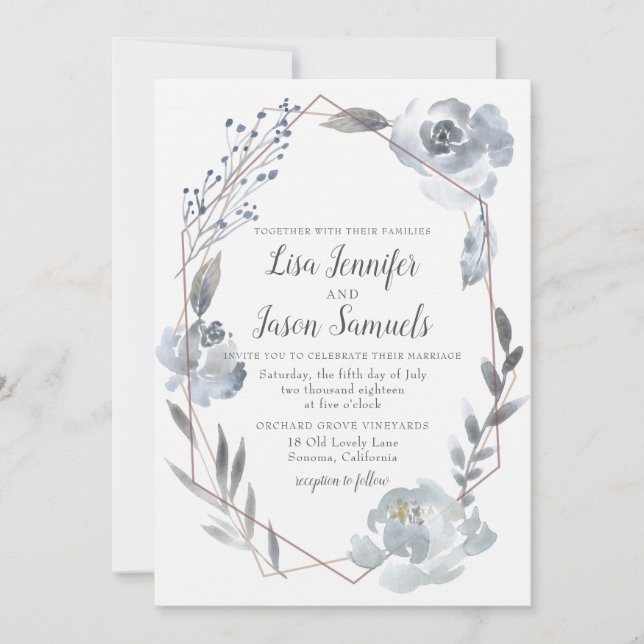 Indigo Dusty Blue Floral Geometric Wedding Einladu Einladung (Vorderseite)