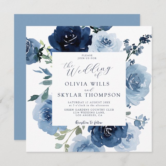 Indigo Dusty Blue Navy Blume Garden Wedding Einladung (Vorne/Hinten)