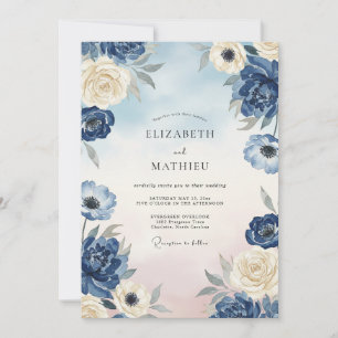 Indigo Elfenbein Blütenhochzeit Einladung