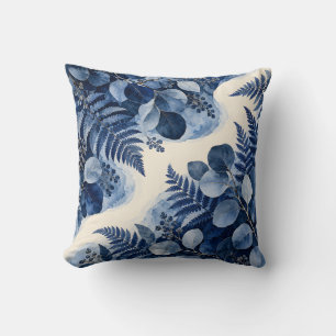 Indigo Eukalyptus-Farn-Aquarell Kissen