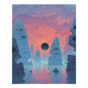 Indigo-Finsternis über neonfarbener Traumlandschaf Poster