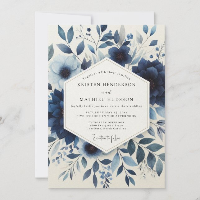 Indigo Floral Enchantment Wedding Einladung (Vorderseite)