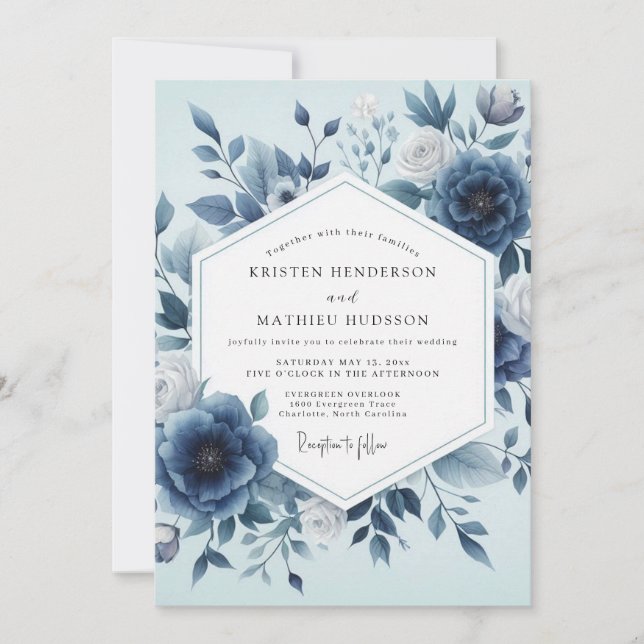 Indigo Floral Ethereal Wedding Einladung (Vorderseite)