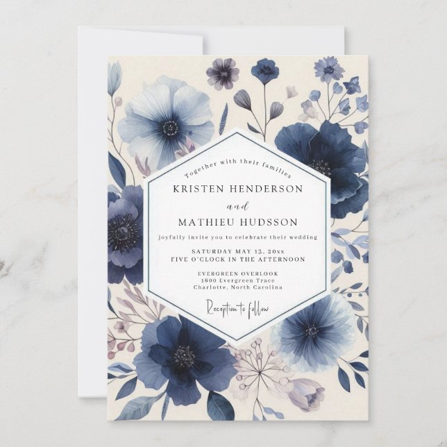 Indigo Floral Romantic Wedding Einladung (Vorderseite)