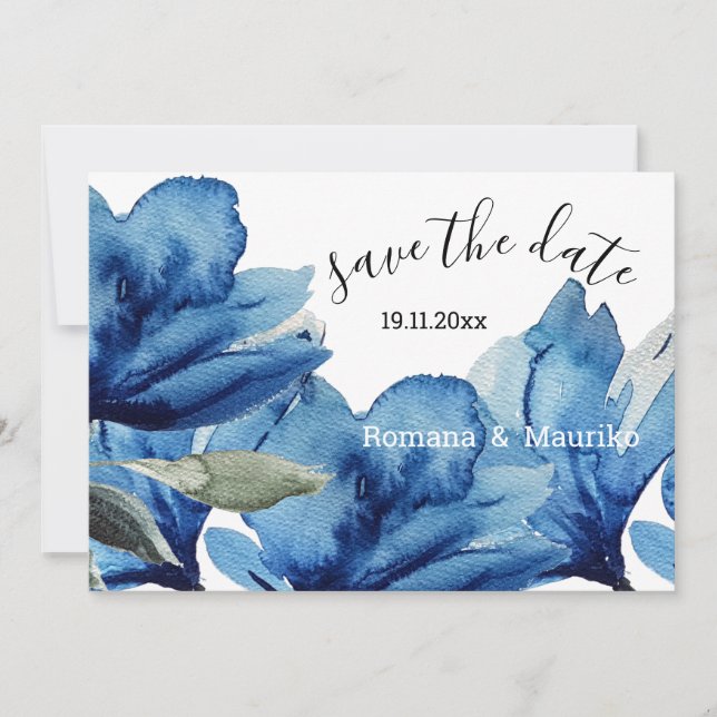 Indigo Floral Watercolor Handgemalt Save The Date (Vorderseite)