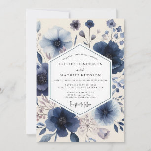 Indigo Florale Romantische Hochzeit Einladung