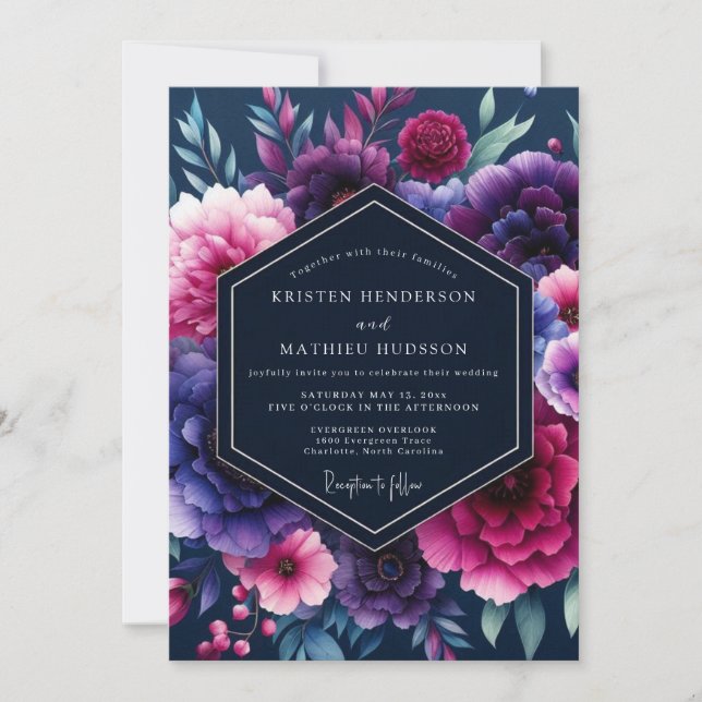 Indigo Fuchsia Nocturne Hochzeit Einladung (Vorderseite)