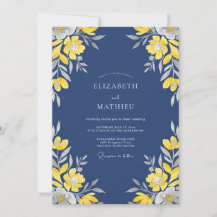 Indigo Gelbe Blütenblätter Hochzeit Einladung