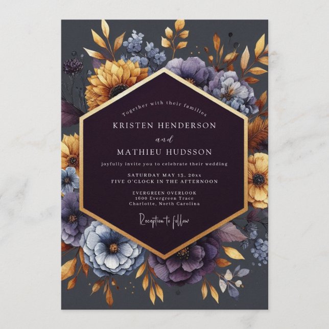 Indigo Gilded Bloom Wedding Einladung (Vorderseite)