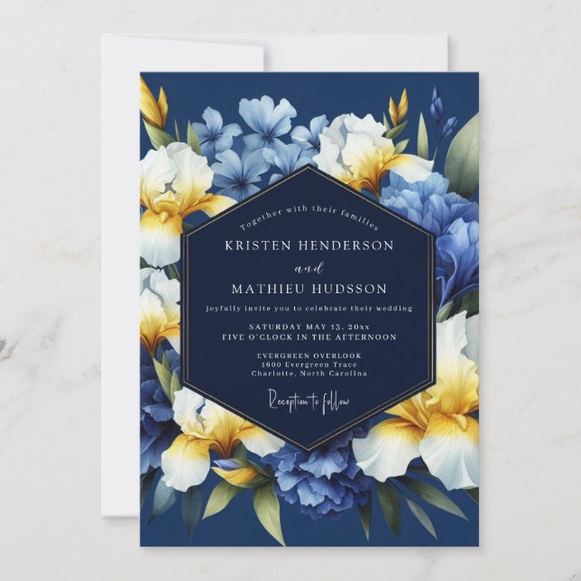 Indigo Golden Iris Bloom Wedding Einladung (Vorderseite)