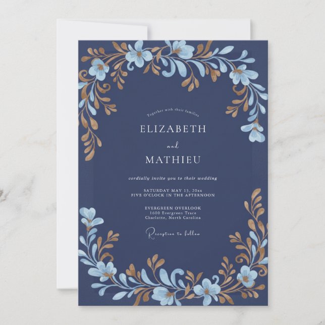 Indigo Goldene Blätter Hochzeit Einladung (Vorderseite)