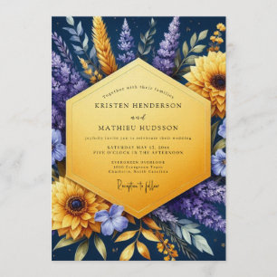 Indigo-Goldene Sonnenblumen-Hochzeit Einladung