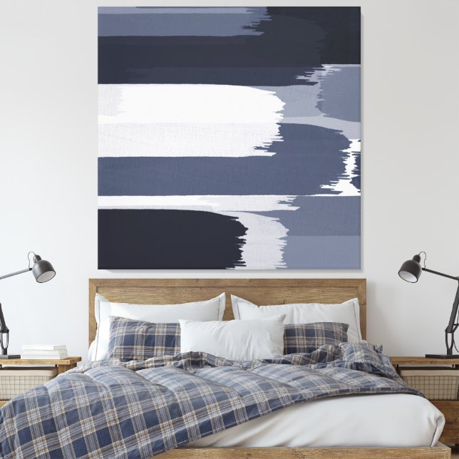 Indigo Gray Blue Pinselstriche Leinwanddruck (Insitu (Schlafzimmer))