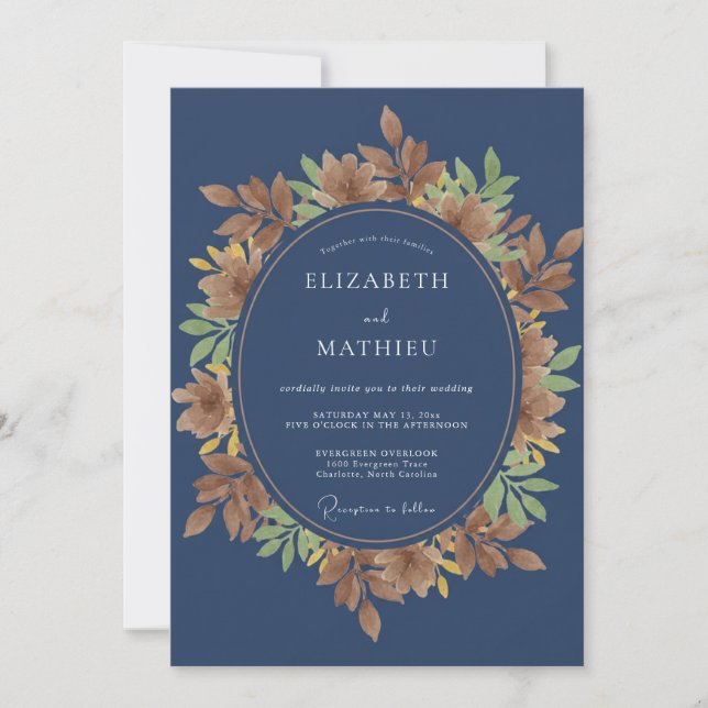 Indigo-Herbst-Blatt-Hochzeit Einladung (Vorderseite)