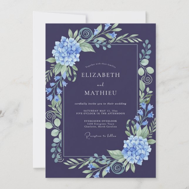 Indigo-Hortensien-Hochzeit mit Blättern Einladung (Vorderseite)