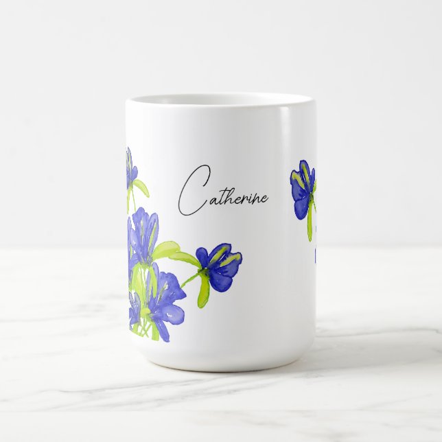 Indigo Iris Floral Watercolor Mit Monogramm Kaffeetasse (Mittel)