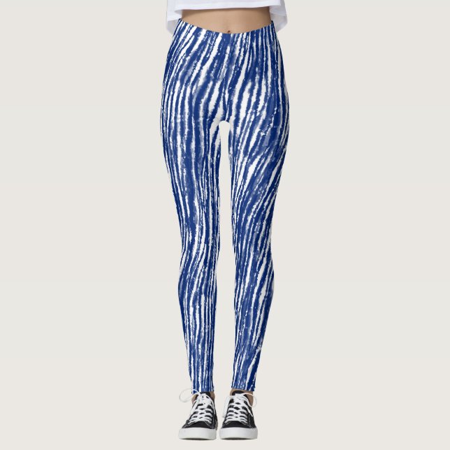Indigo Japanisch Shibori Streifen Künstlerisch Tin Leggings (Vorderseite)
