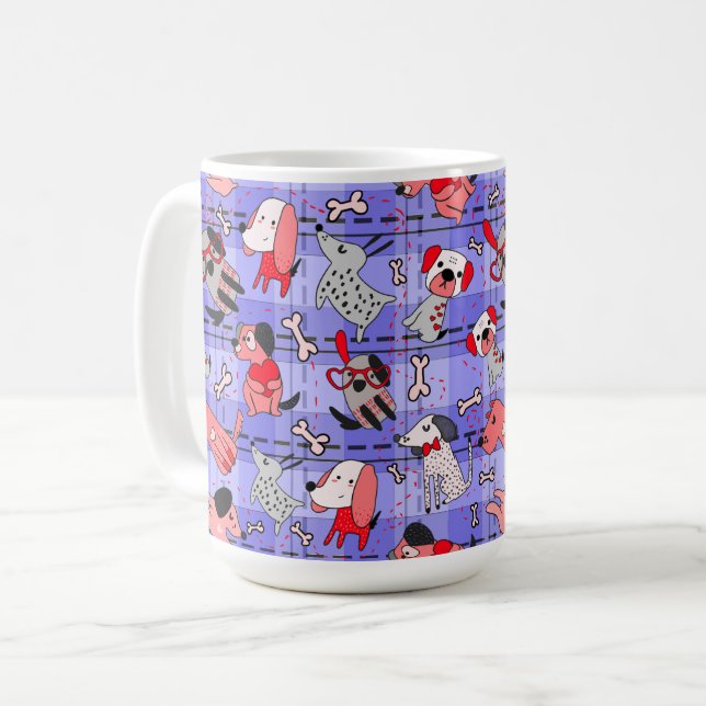 Indigo karierte Kaffeetasse - Rot / Schwarz Hunde  (Vorderseite Links)