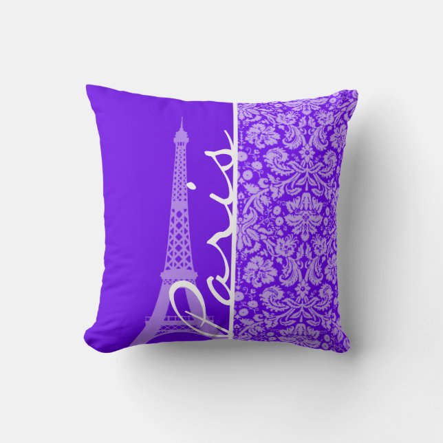 Indigo, Lila Damask; Paris; Eiffelturm Kissen (Vorderseite)
