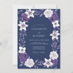 Indigo Lila-Lilien-Hochzeit Einladung