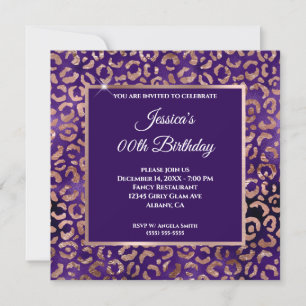 Indigo Lila und Rose Gold Leopard Foil Geburtstag Einladung