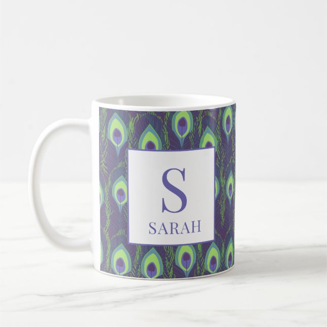 Indigo Limettengrün Pfau Custom Initial Tasse (Links)