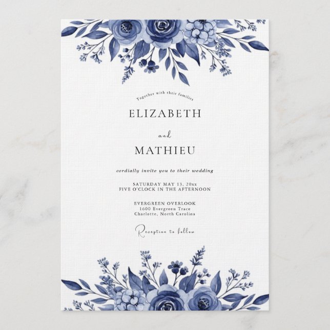 Indigo Lush Botanical Wedding Einladung (Vorderseite)