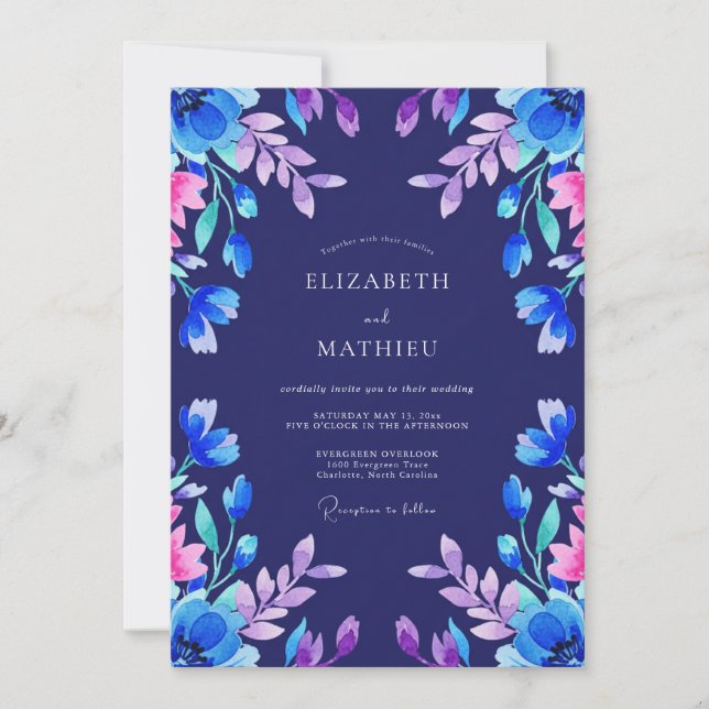 Indigo Magenta Blätter Hochzeit Einladung (Vorderseite)
